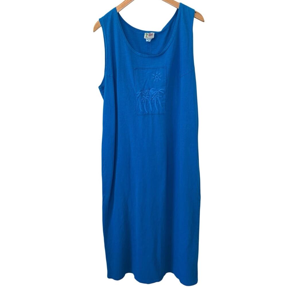 VTG Cactus California Boho 90’s Blue Palm Graphic Maxi Sleeveless Shirt Dress XL